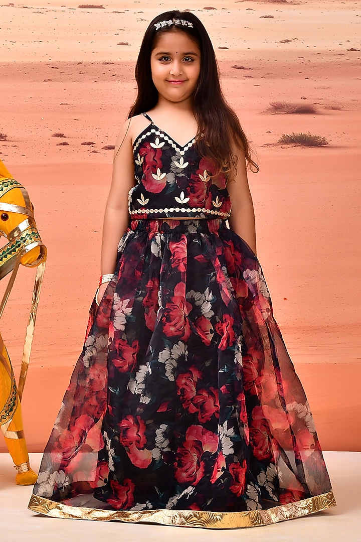 Black Organza Floral Printed Lehenga Set For Girls by Bannhi by Priyanka Rathore - kids at Pernia's Pop Up Shop