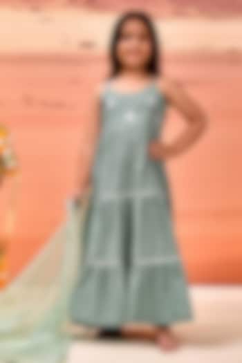 Sage Green Cotton Gota Patti Embellished Anarkali Set For Girls by Bannhi by Priyanka Rathore - kids at Pernia's Pop Up Shop