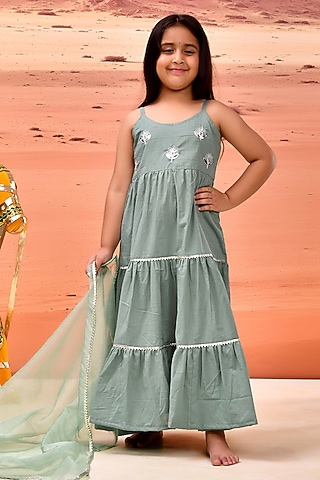 Sage Green Cotton Gota Patti Embellished Anarkali Set For Girls by Bannhi by Priyanka Rathore - kids