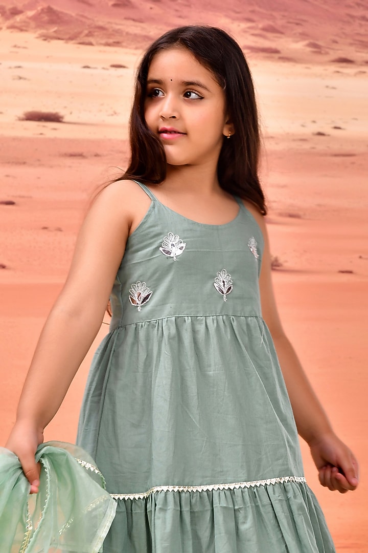Sage Green Cotton Gota Patti Embellished Anarkali Set For Girls by Bannhi by Priyanka Rathore - kids at Pernia's Pop Up Shop