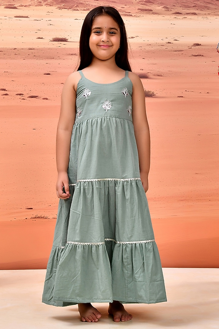 Sage Green Cotton Gota Patti Embellished Anarkali Set For Girls by Bannhi by Priyanka Rathore - kids at Pernia's Pop Up Shop