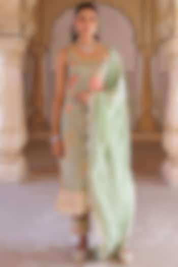 Pastel Green Tissue Floral Printed & Lace Embellished Kurta Set by Bannhi by Priyanka Rathore at Pernia's Pop Up Shop