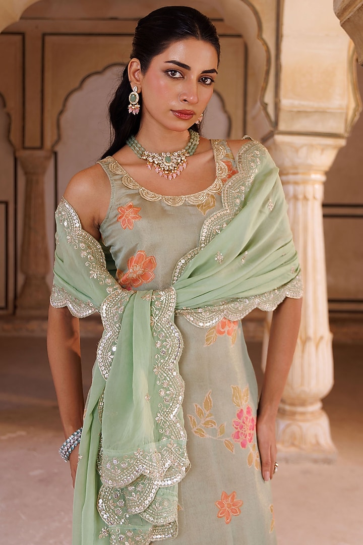 Pastel Green Tissue Floral Printed & Lace Embellished Kurta Set by Bannhi by Priyanka Rathore at Pernia's Pop Up Shop