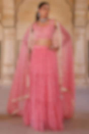 Pink Chiffon Floral Printed Layered Lehenga Set by Bannhi by Priyanka Rathore at Pernia's Pop Up Shop