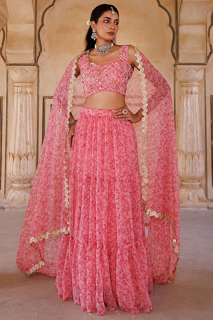 Pink Chiffon Floral Printed Layered Lehenga Set by Bannhi by Priyanka Rathore at Pernia's Pop Up Shop