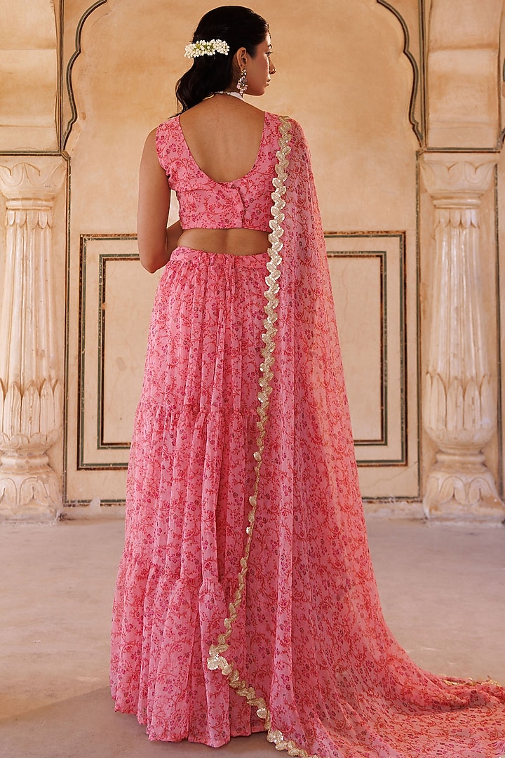 Pink Chiffon Floral Printed Layered Lehenga Set by Bannhi by Priyanka Rathore at Pernia's Pop Up Shop