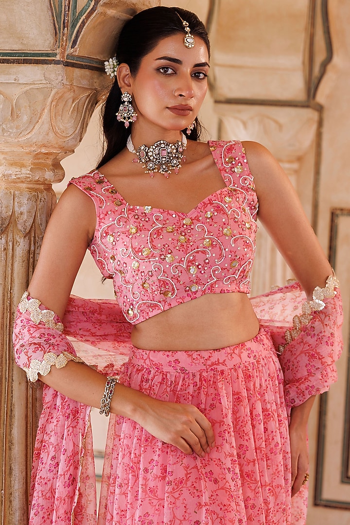 Pink Chiffon Floral Printed Layered Lehenga Set by Bannhi by Priyanka Rathore at Pernia's Pop Up Shop