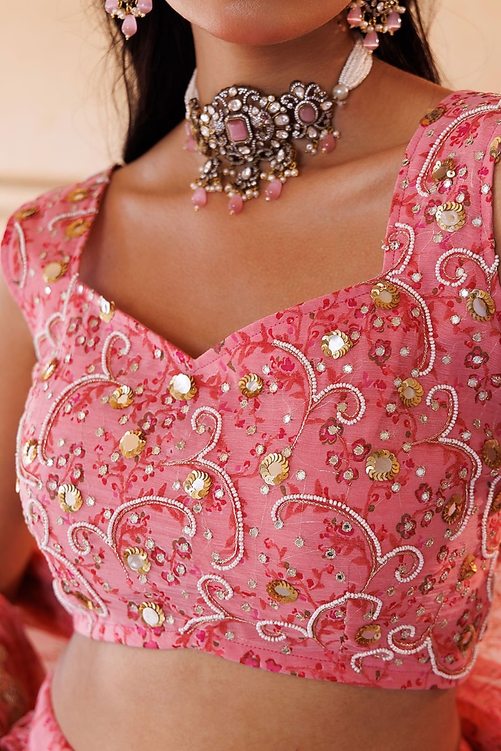 Pink Chiffon Floral Printed Layered Lehenga Set by Bannhi by Priyanka Rathore at Pernia's Pop Up Shop