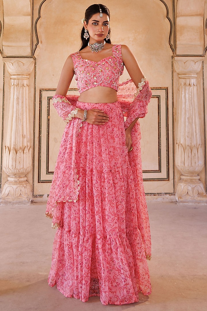 Pink Chiffon Floral Printed Layered Lehenga Set by Bannhi by Priyanka Rathore at Pernia's Pop Up Shop