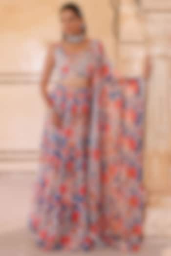 Multi-Colored Chiffon Floral Printed Layered Lehenga Set by Bannhi by Priyanka Rathore at Pernia's Pop Up Shop
