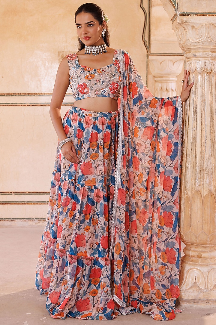 Multi-Colored Chiffon Floral Printed Layered Lehenga Set by Bannhi by Priyanka Rathore at Pernia's Pop Up Shop