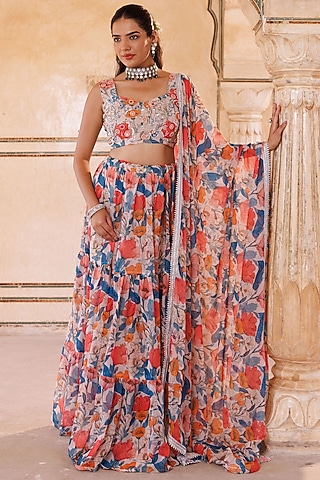 Multi-Colored Chiffon Floral Printed Layered Lehenga Set by Bannhi by Priyanka Rathore