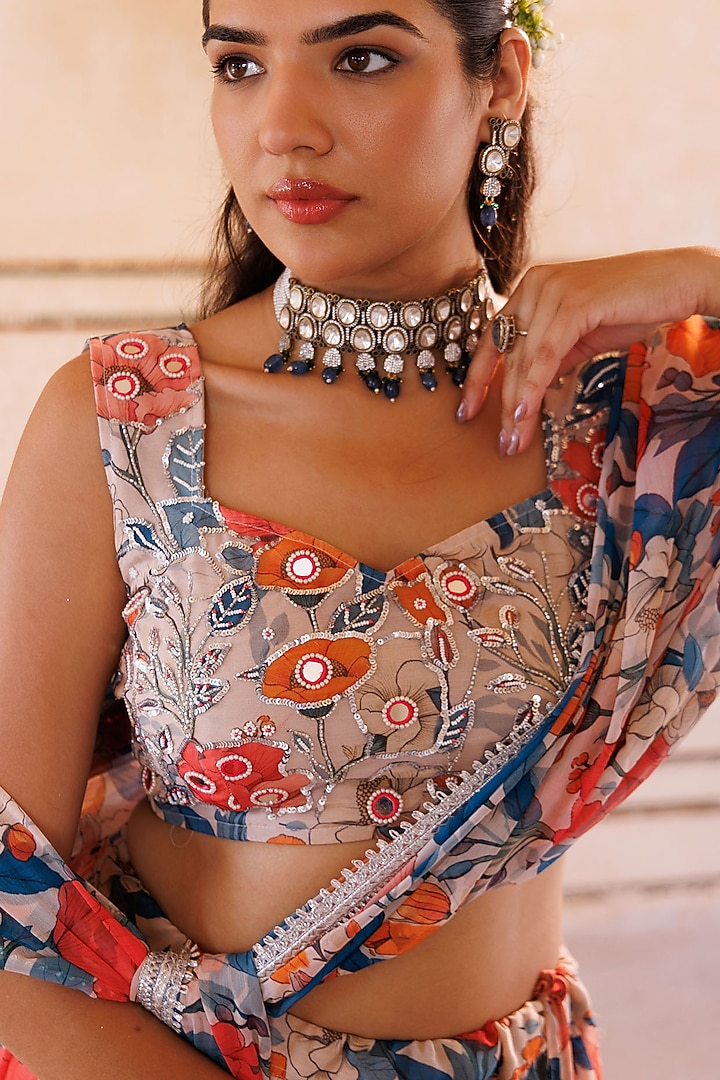 Multi-Colored Chiffon Floral Printed Layered Lehenga Set by Bannhi by Priyanka Rathore at Pernia's Pop Up Shop