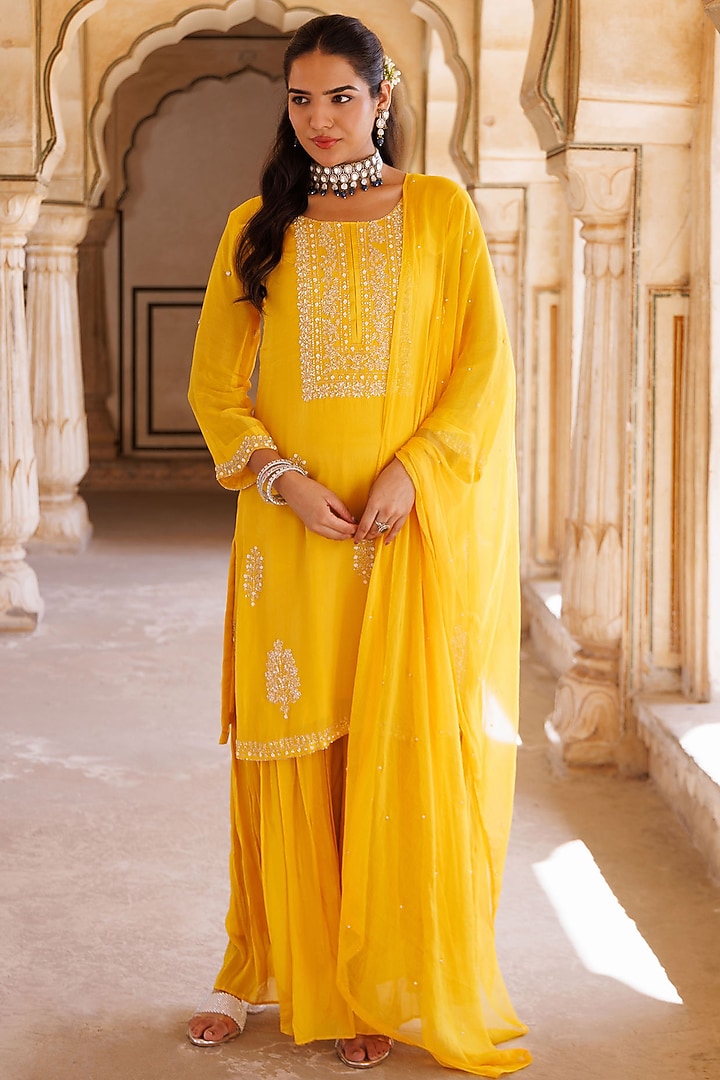 Yellow Silk Party Wear Sharara Set by Bannhi by Priyanka Rathore at Pernia's Pop Up Shop