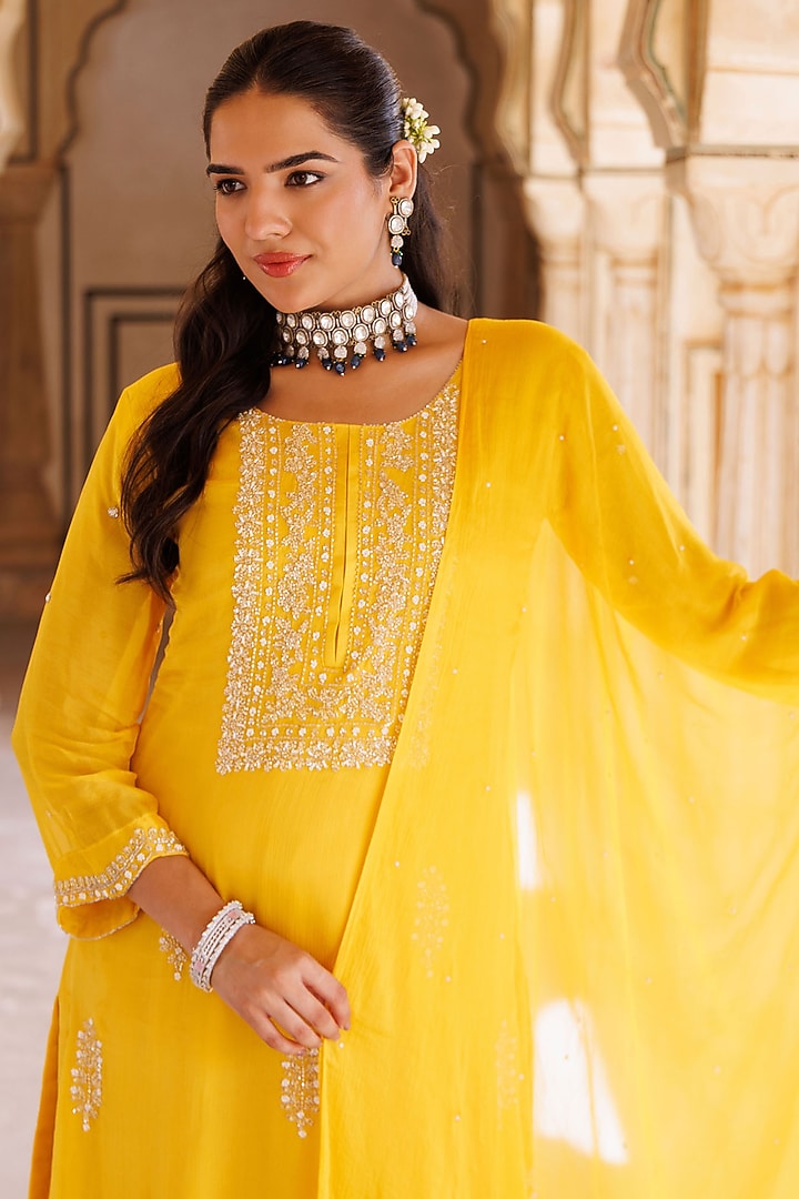 Yellow Silk Party Wear Sharara Set by Bannhi by Priyanka Rathore at Pernia's Pop Up Shop