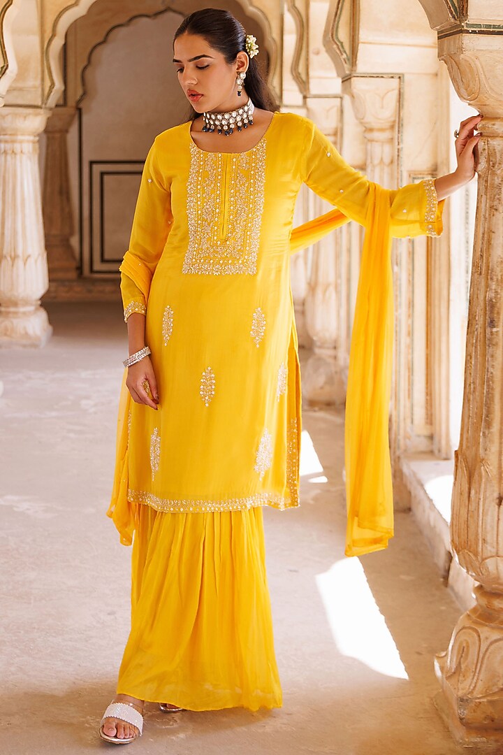 Yellow Silk Party Wear Sharara Set by Bannhi by Priyanka Rathore at Pernia's Pop Up Shop
