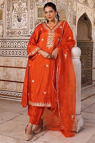 Rust Orange Silk Gota Patti Work Kurta Set by Bannhi by Priyanka Rathore