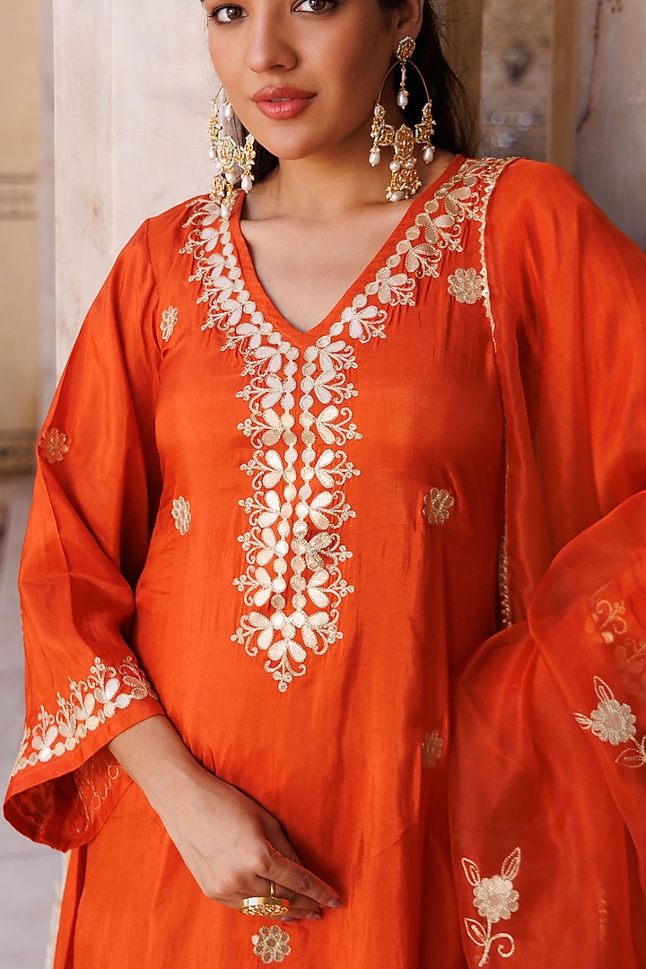 Rust Orange Silk Gota Patti Work Kurta Set by Bannhi by Priyanka Rathore at Pernia's Pop Up Shop