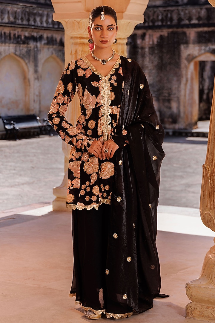 Black Georgette Party Wear Sharara Set by Bannhi by Priyanka Rathore at Pernia's Pop Up Shop