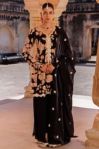 Black Georgette Sharara Set by Bannhi by Priyanka Rathore