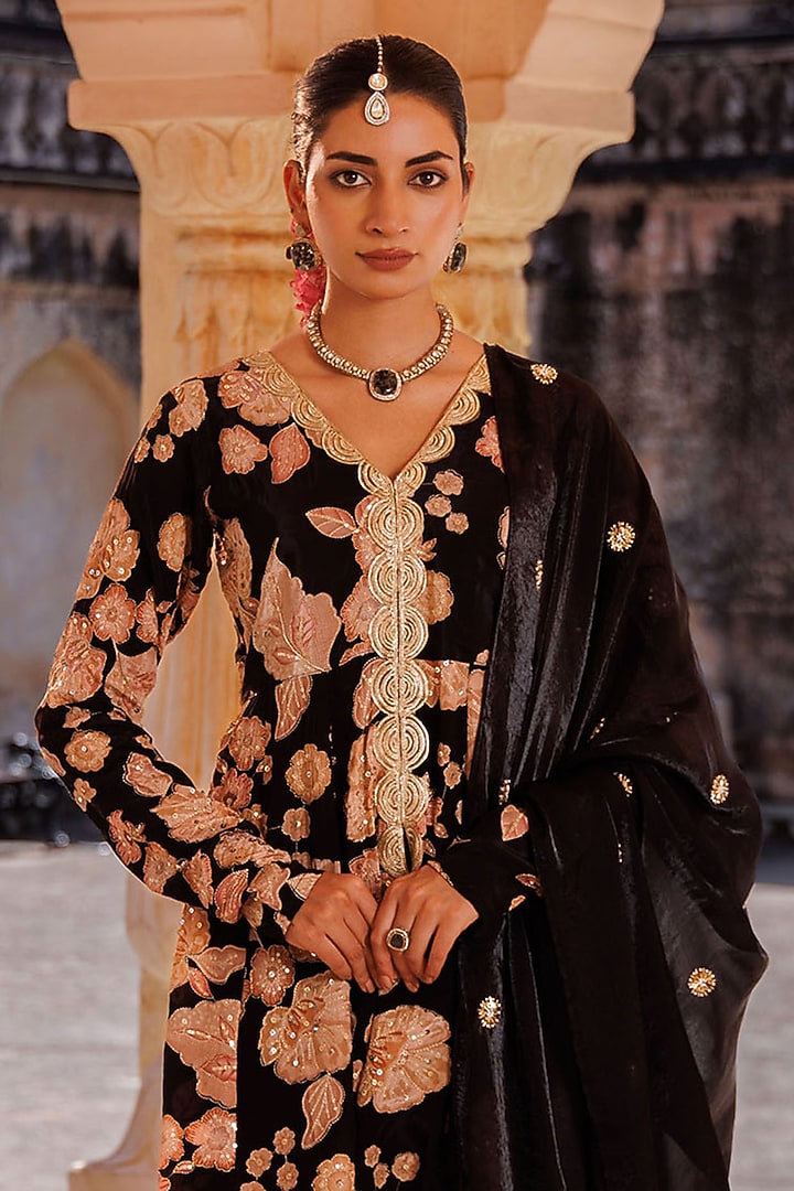 Black Georgette Party Wear Sharara Set by Bannhi by Priyanka Rathore at Pernia's Pop Up Shop