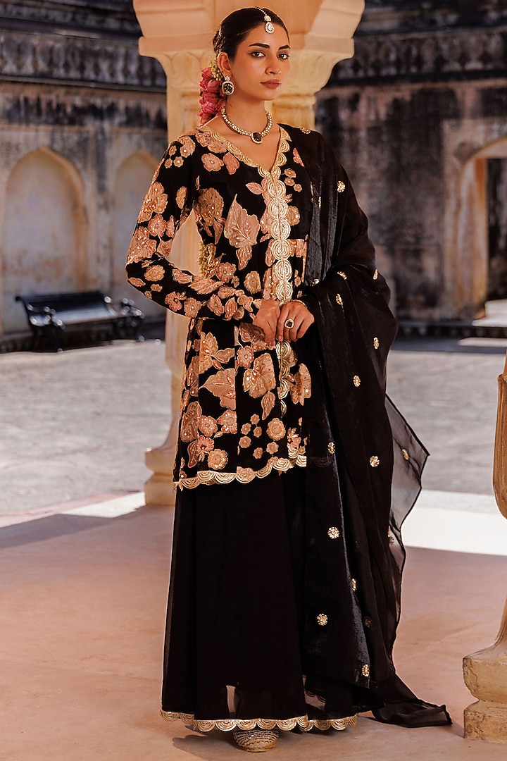 Black Georgette Party Wear Sharara Set by Bannhi by Priyanka Rathore at Pernia's Pop Up Shop