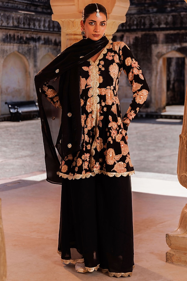 Black Georgette Party Wear Sharara Set by Bannhi by Priyanka Rathore at Pernia's Pop Up Shop