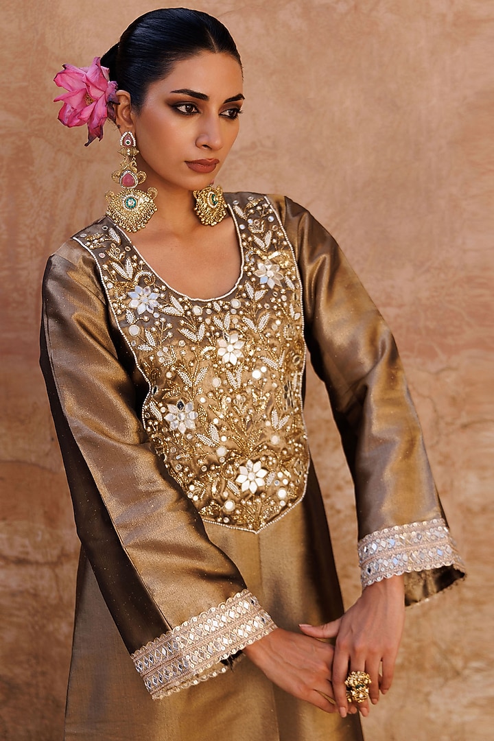 Brown Metallic Tissue Hand Embroidered Kaftan by Bannhi by Priyanka Rathore at Pernia's Pop Up Shop