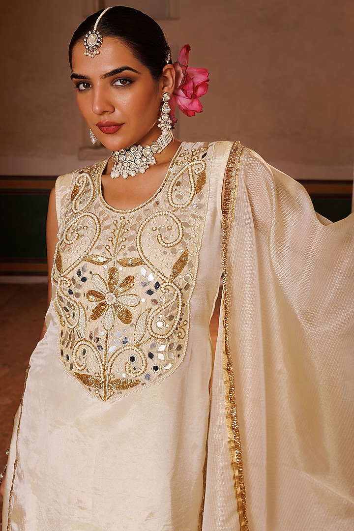 Ivory & Gold Tissue Party Wear Sharara Set by Bannhi by Priyanka Rathore at Pernia's Pop Up Shop