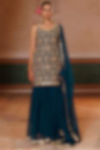 Green Georgette Party Wear Sharara Set by Bannhi by Priyanka Rathore at Pernia's Pop Up Shop