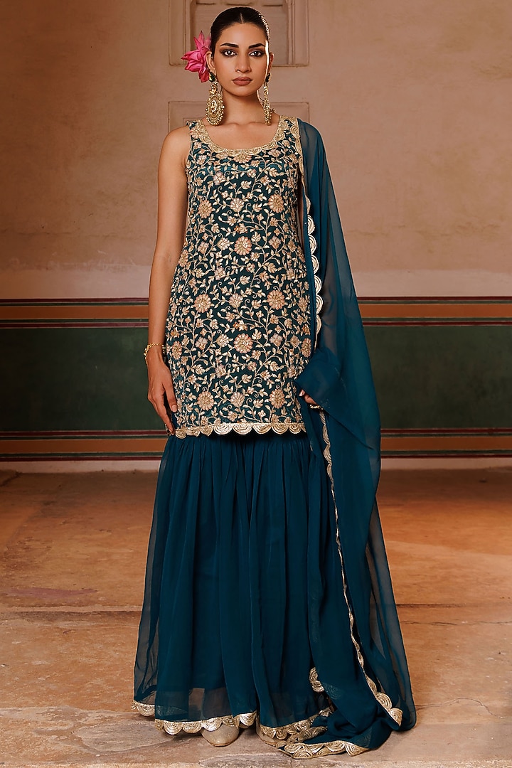 Green Georgette Party Wear Sharara Set by Bannhi by Priyanka Rathore at Pernia's Pop Up Shop