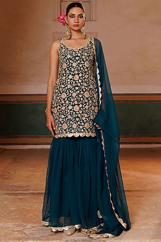 Green Georgette Sharara Set by Bannhi by Priyanka Rathore