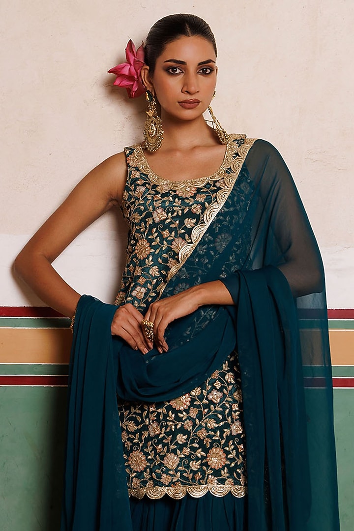 Green Georgette Party Wear Sharara Set by Bannhi by Priyanka Rathore at Pernia's Pop Up Shop