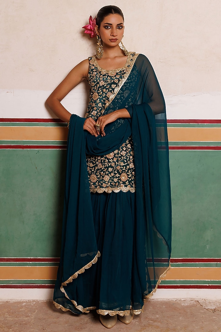 Green Georgette Party Wear Sharara Set by Bannhi by Priyanka Rathore at Pernia's Pop Up Shop