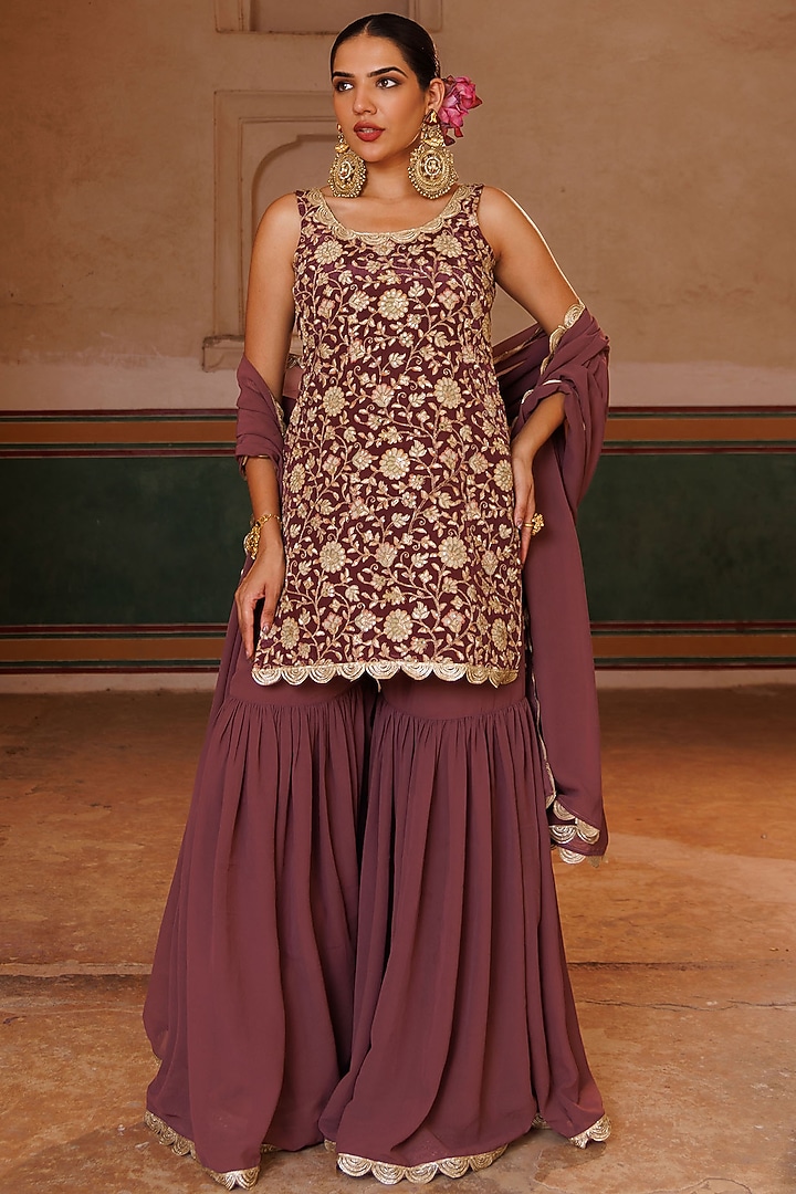 Mauve Georgette Party Wear Sharara Set by Bannhi by Priyanka Rathore at Pernia's Pop Up Shop