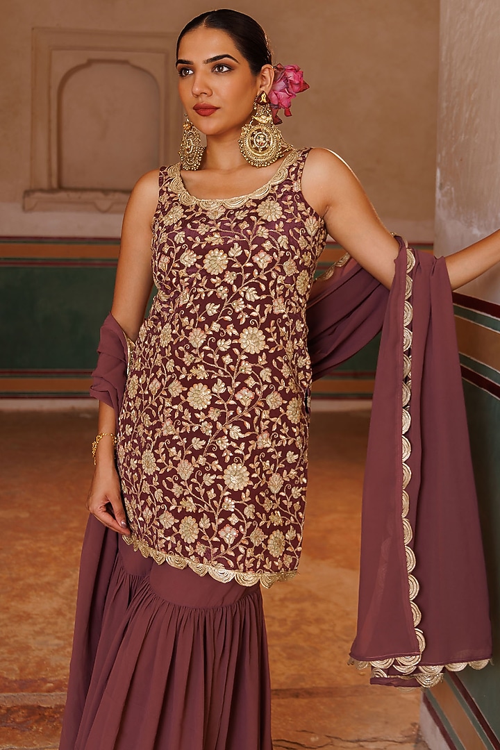 Mauve Georgette Party Wear Sharara Set by Bannhi by Priyanka Rathore at Pernia's Pop Up Shop
