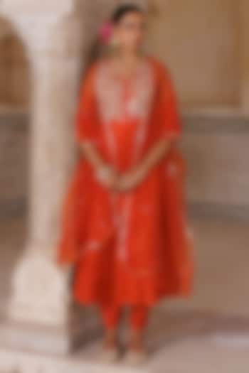 Orange Silk Hand Embroidered Party Wear Anarkali Set by Bannhi by Priyanka Rathore at Pernia's Pop Up Shop