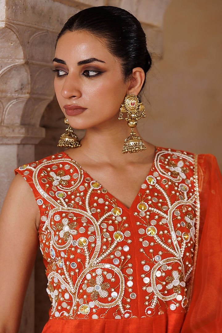 Orange Silk Hand Embroidered Party Wear Anarkali Set by Bannhi by Priyanka Rathore at Pernia's Pop Up Shop