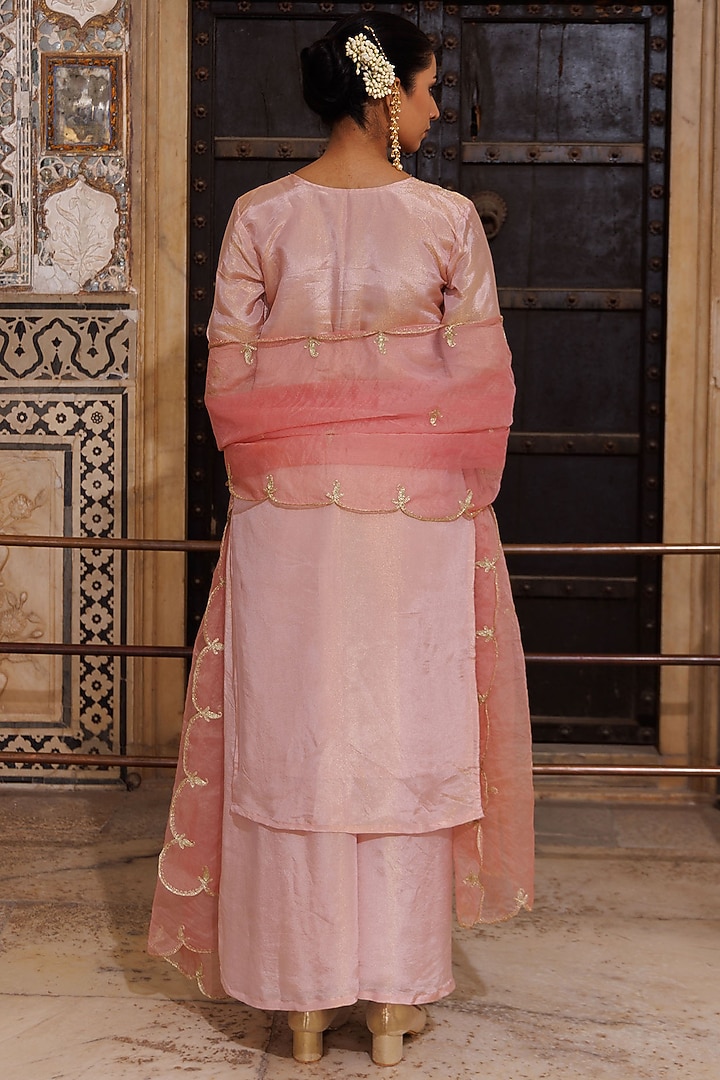 Pastel Pink Tissue Georgette Aari Embroidered Kurta Set by Bannhi by Priyanka Rathore at Pernia's Pop Up Shop