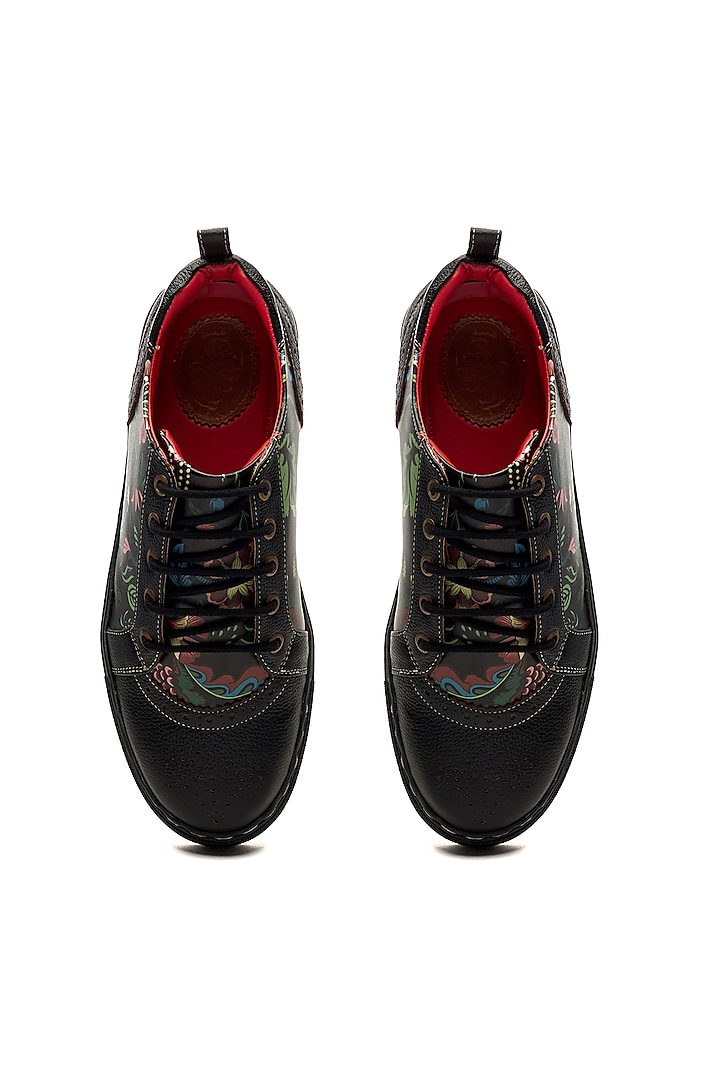 Black Genuine Leather Floral Printed Sneakers by Banjaaran Studio