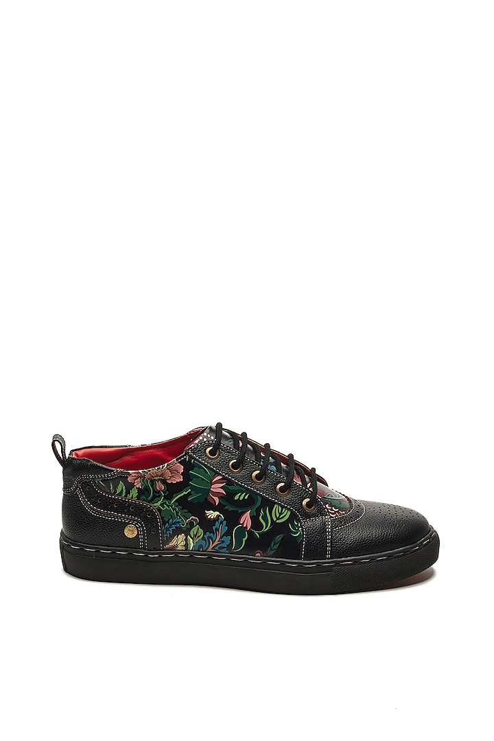 Black Genuine Leather Floral Printed Sneakers by Banjaaran Studio at Pernia's Pop Up Shop