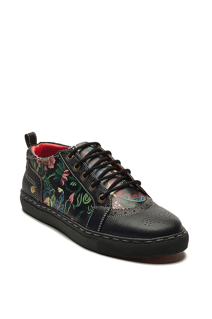 Black Genuine Leather Floral Printed Sneakers by Banjaaran Studio at Pernia's Pop Up Shop