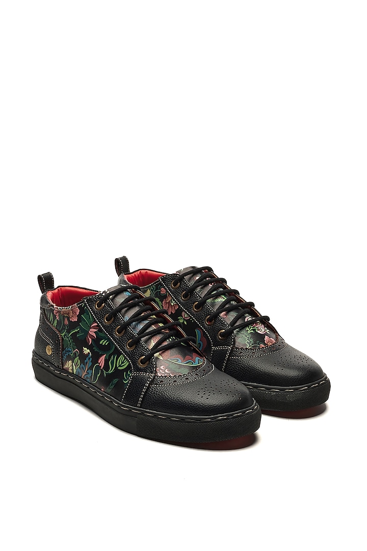 Black Genuine Leather Floral Printed Sneakers by Banjaaran Studio at Pernia's Pop Up Shop