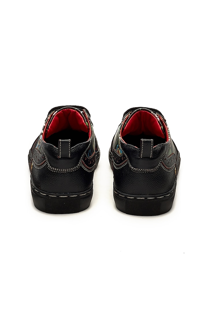 Black Genuine Leather Floral Printed Sneakers by Banjaaran Studio at Pernia's Pop Up Shop
