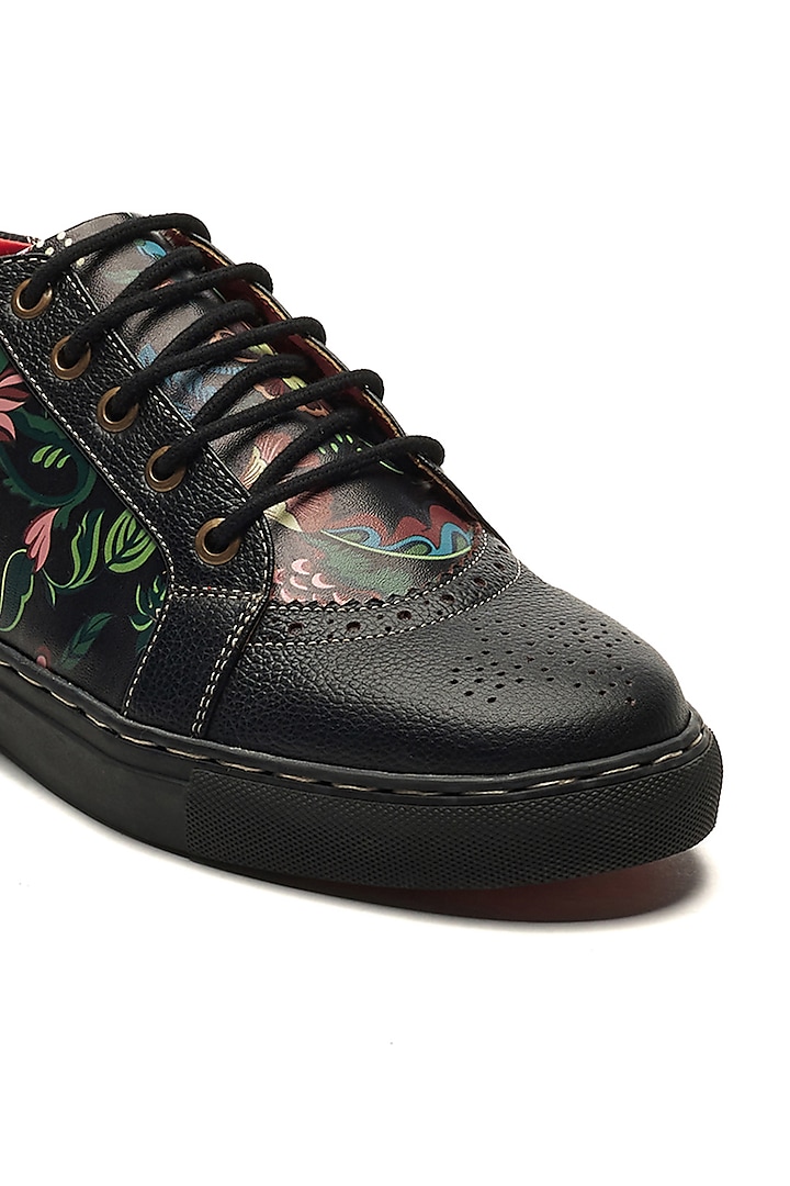 Black Genuine Leather Floral Printed Sneakers by Banjaaran Studio at Pernia's Pop Up Shop