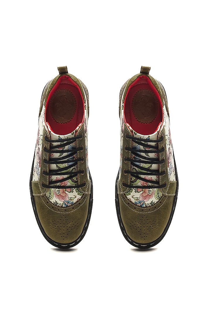 Green & White Genuine Leather Floral Printed Sneakers by Banjaaran Studio at Pernia's Pop Up Shop