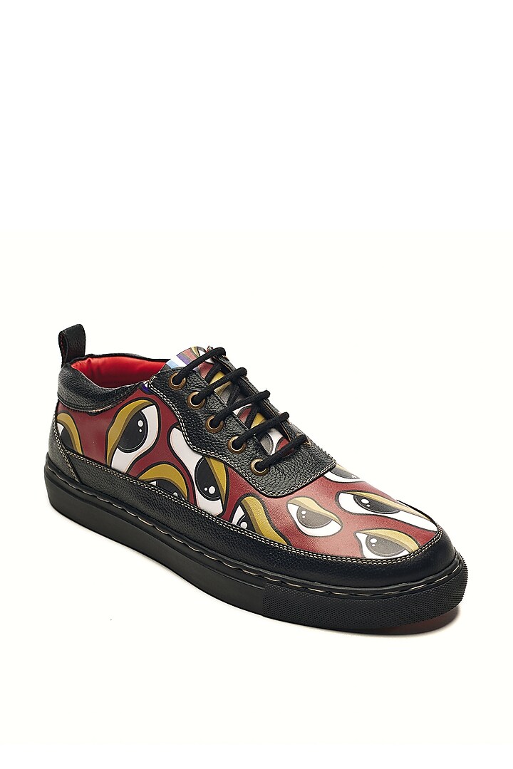 Black & Red Genuine Leather Printed Sneakers by Banjaaran Studio at Pernia's Pop Up Shop