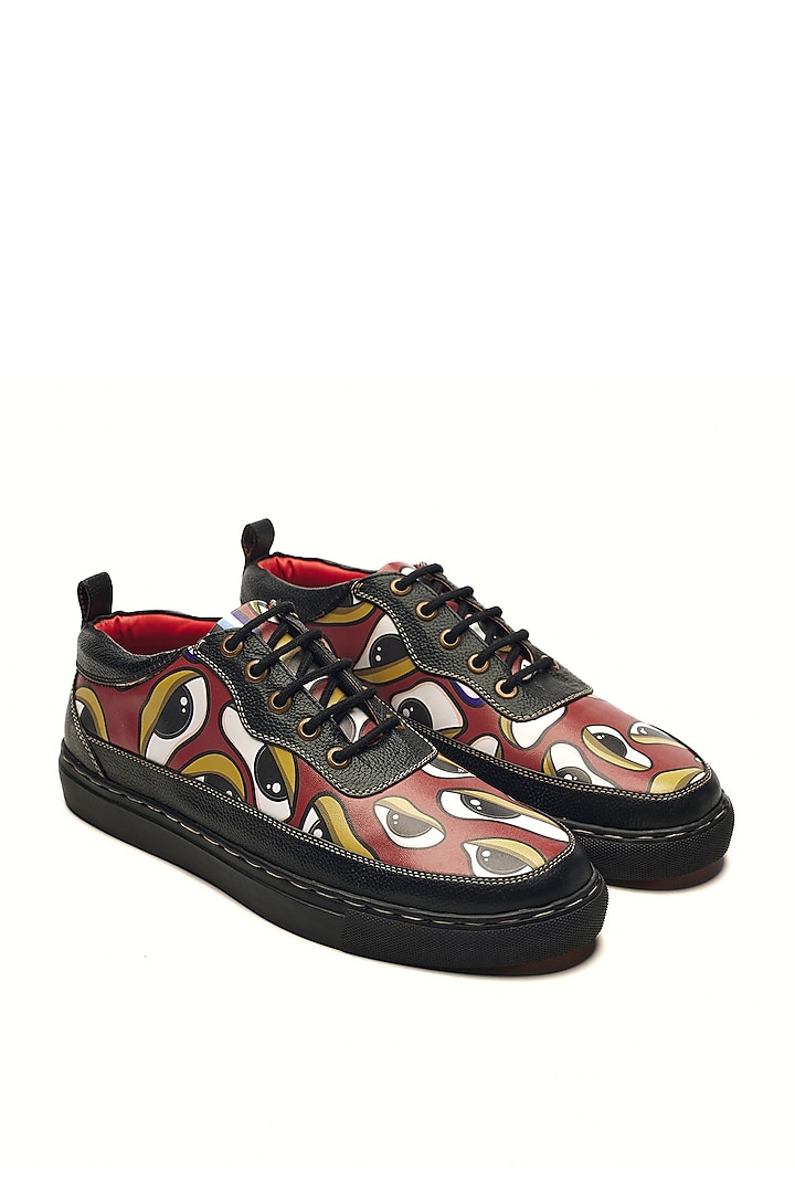 Black & Red Genuine Leather Printed Sneakers by Banjaaran Studio at Pernia's Pop Up Shop