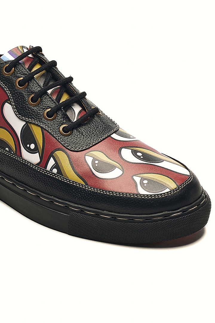 Black & Red Genuine Leather Printed Sneakers by Banjaaran Studio at Pernia's Pop Up Shop