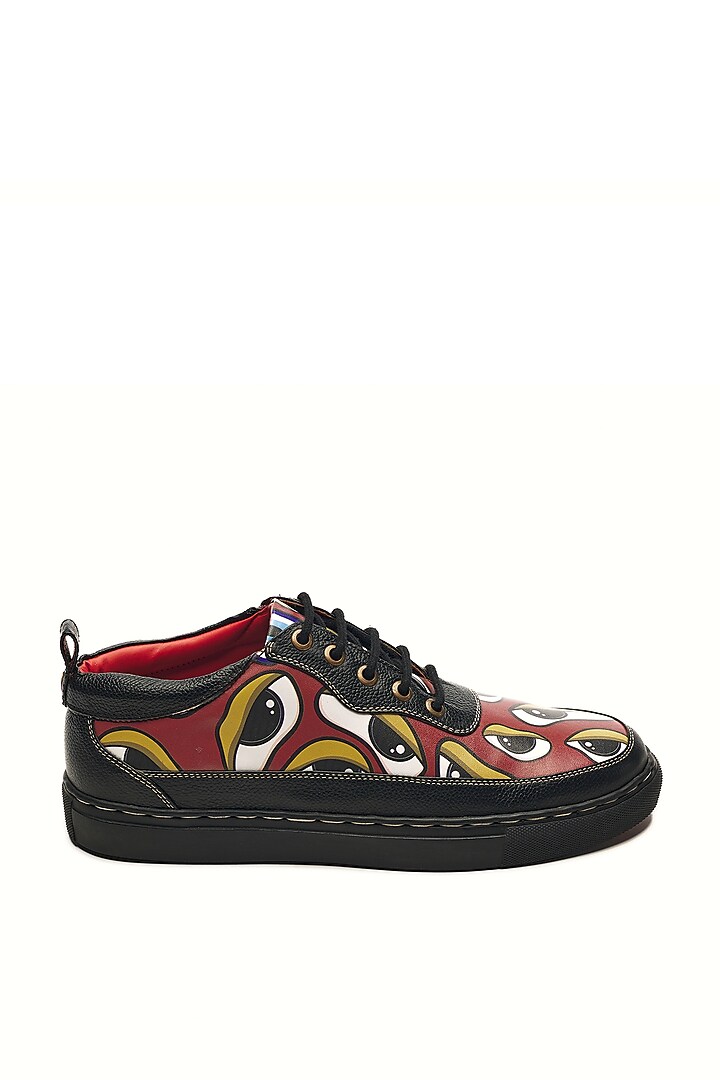 Black & Red Genuine Leather Printed Sneakers by Banjaaran Studio at Pernia's Pop Up Shop